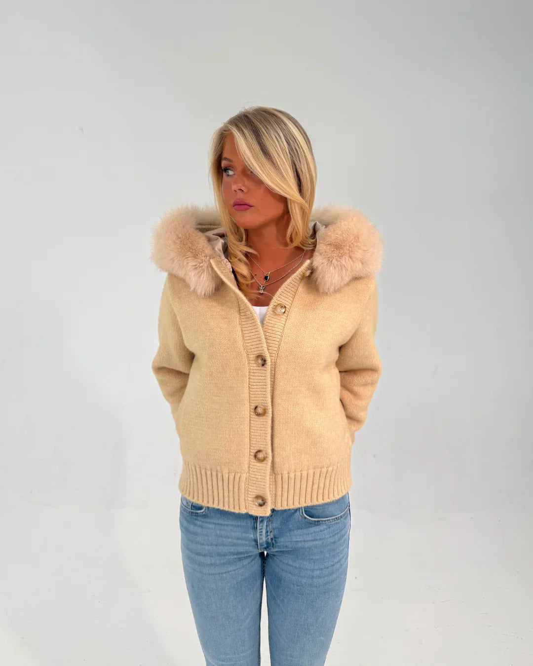 Button Up Fur Jacket - Beige