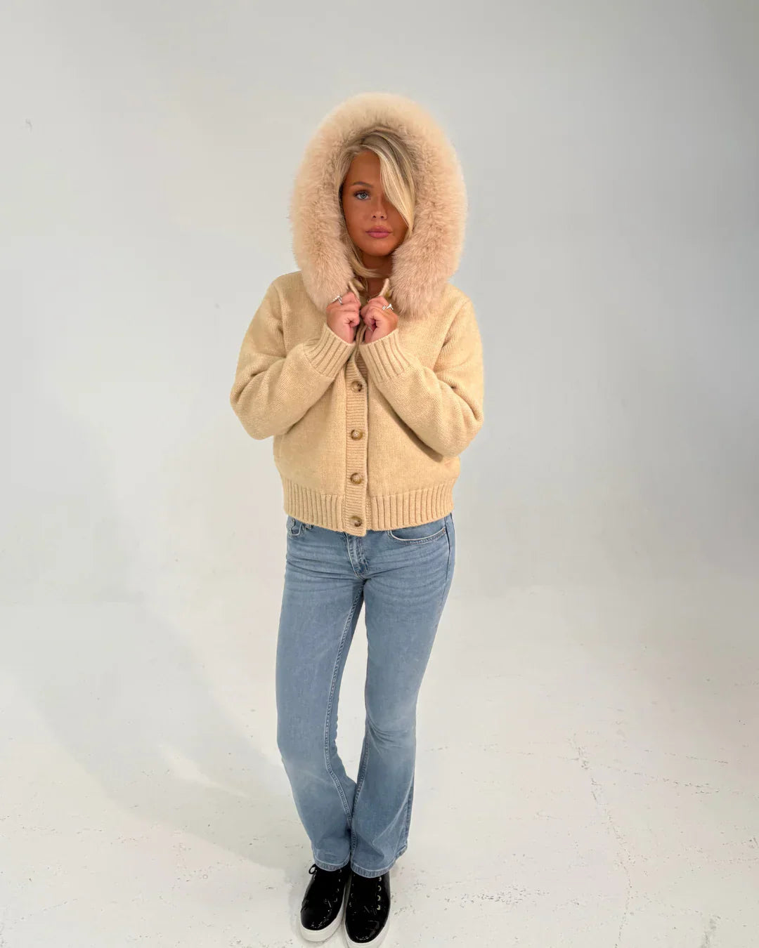 Button Up Fur Jacket - Beige