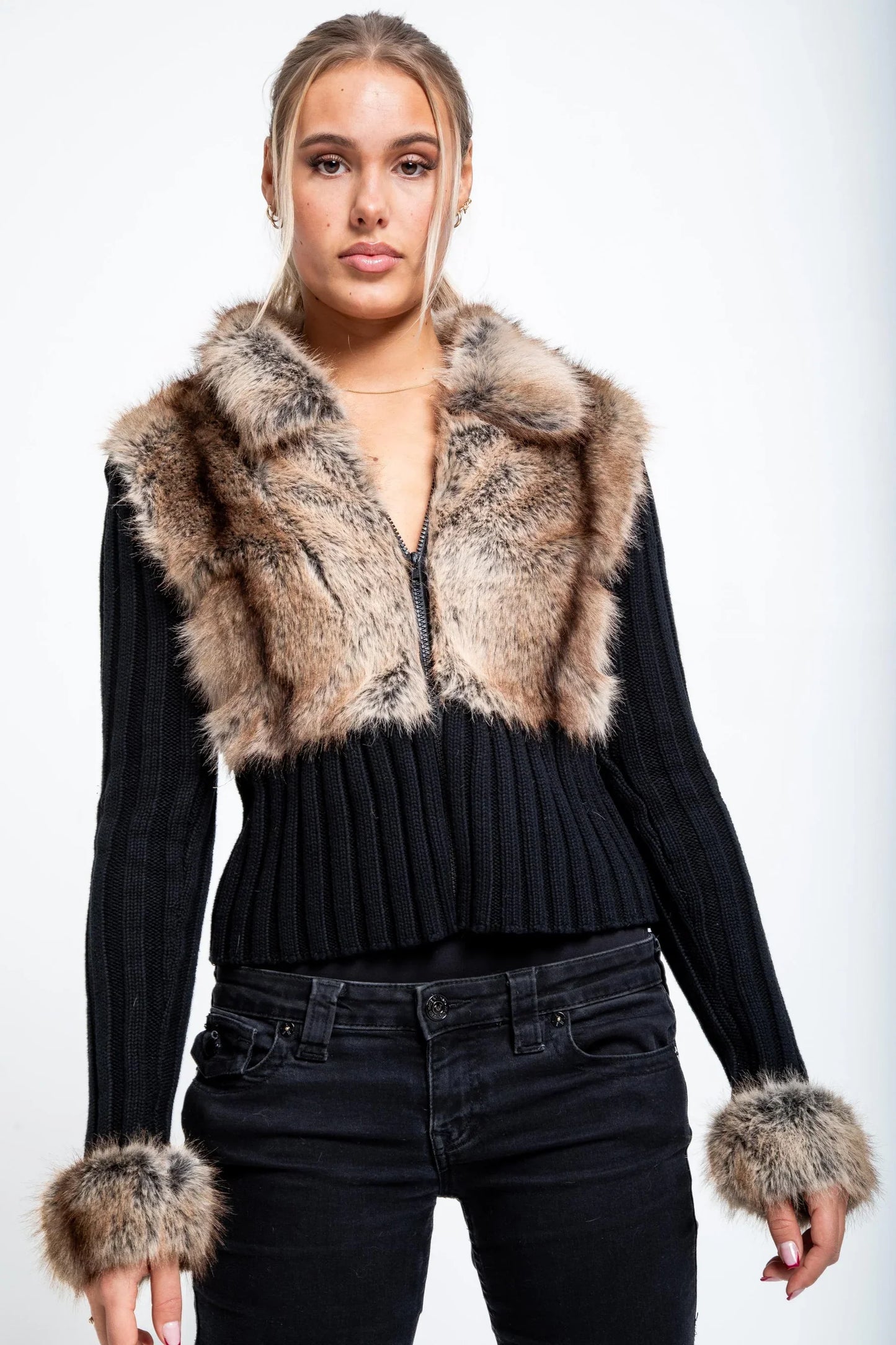 Ivory Fur Cardigan - Black