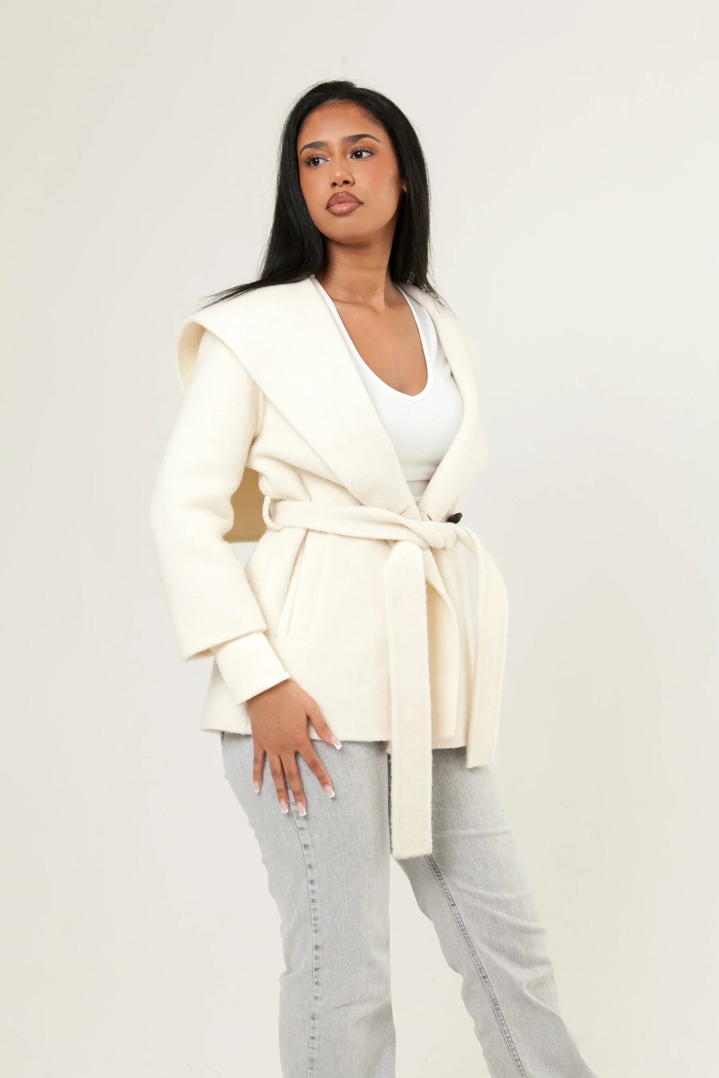 Shawl Collar Cashmere Coat - White